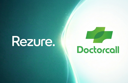 Rezure and Doctorcall logos overlaid on coloured background