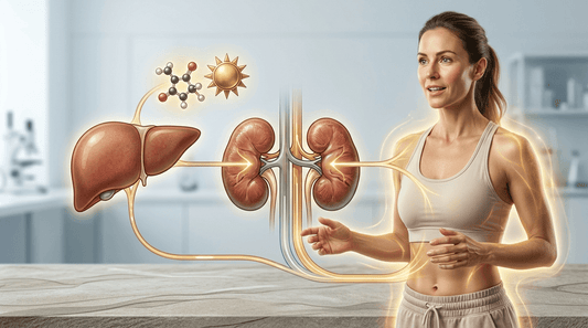 Fit woman in kitchen with kidney and liver diagrams showing interaction with vitamin D
