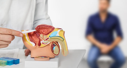 Doctor points at anatomical model of prostate