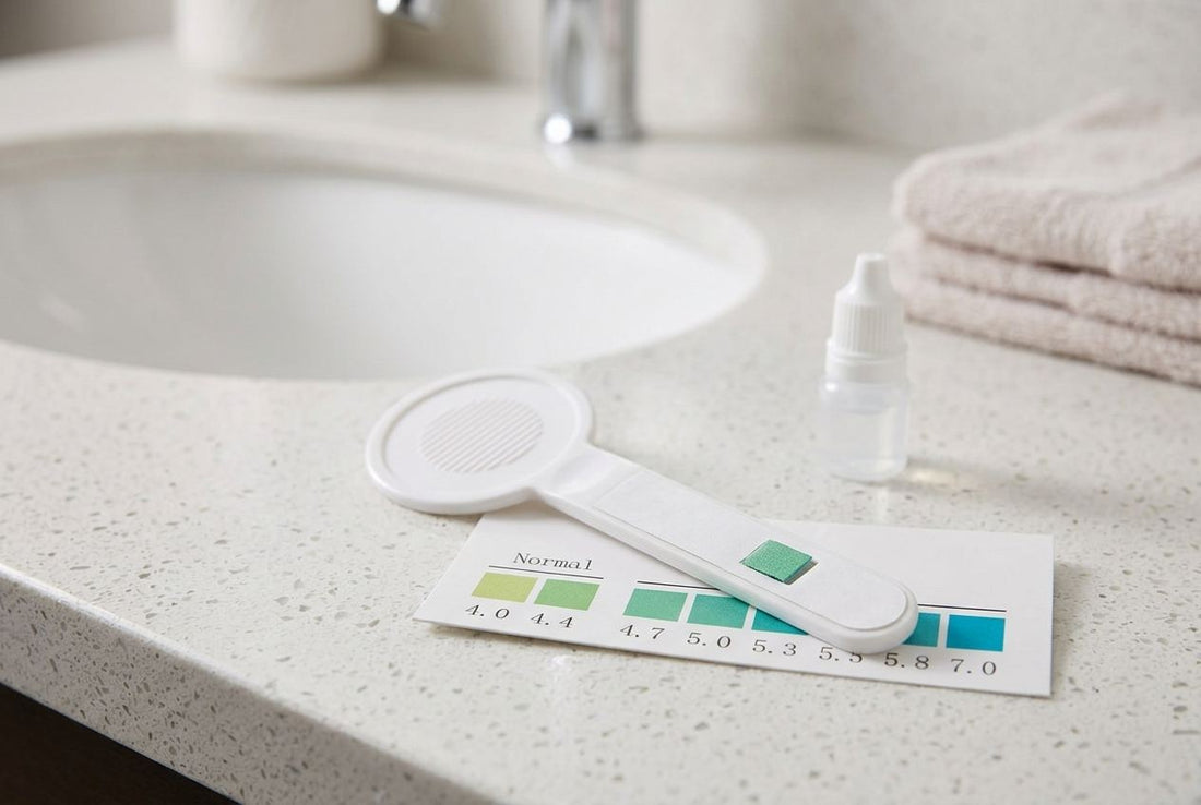 Vaginal pH Home Test and Colour Chart on a Bathroom Counter