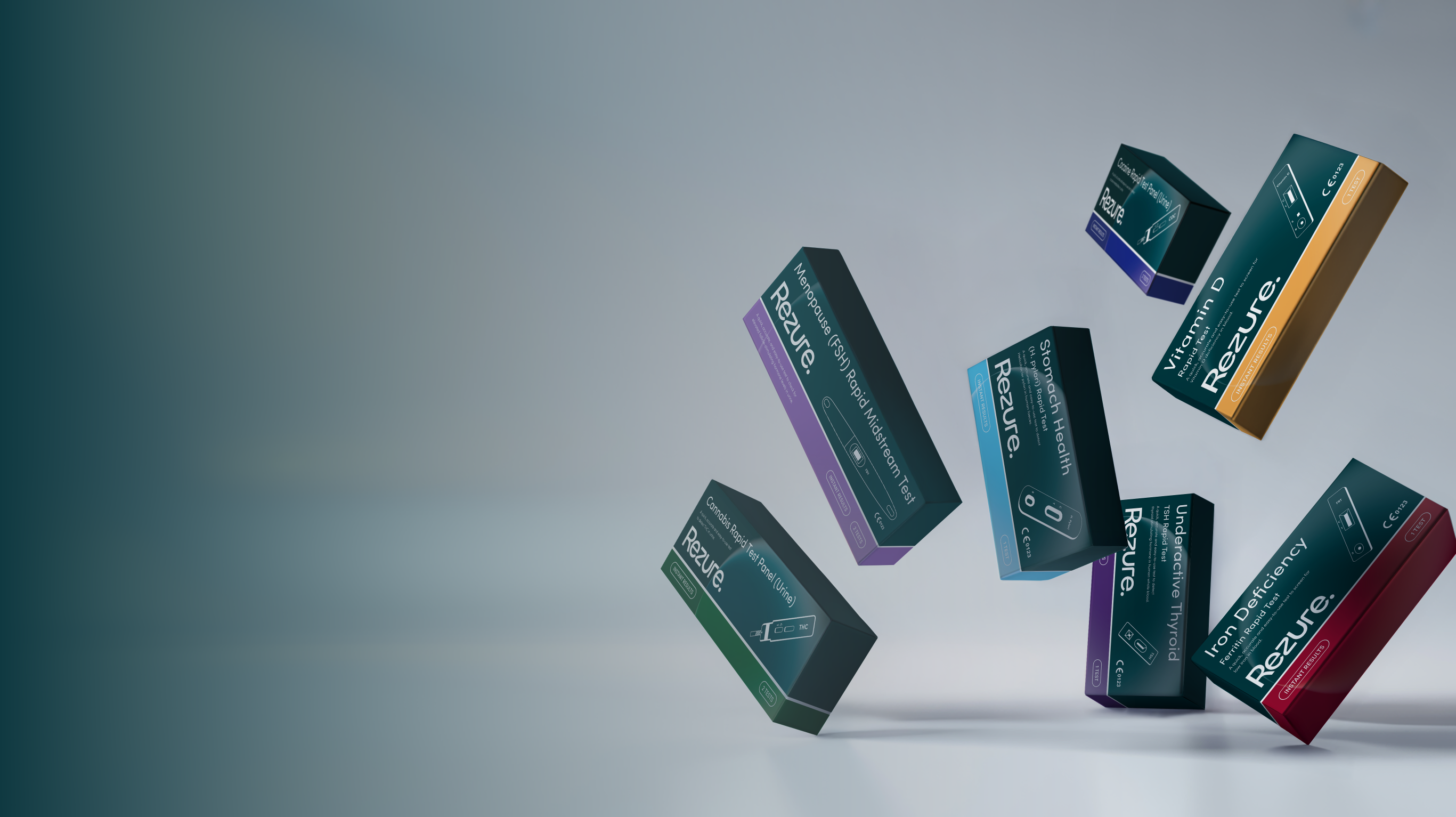 Colorful boxes with Rezure branding falling against a gray background