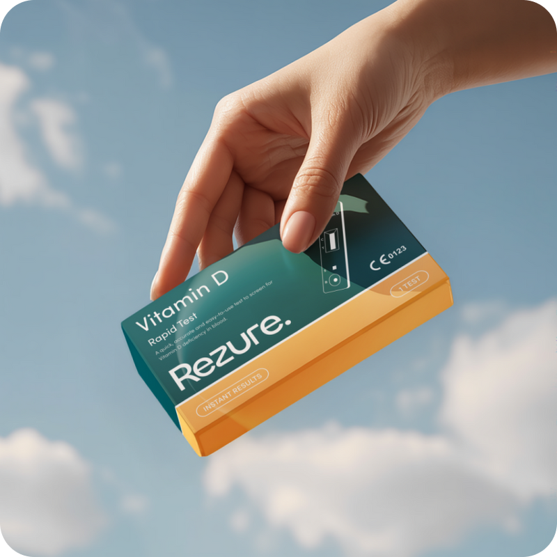 Hand holding a box of Rezure Vitamin D product box against a cloudy sky background