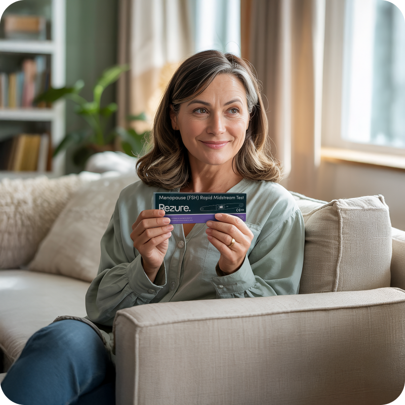 Woman sitting on a couch holding a Rezure Menopause product box in a home setting