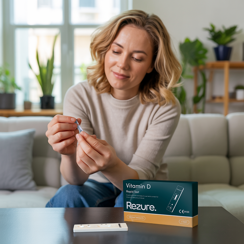 Woman holding a vitamin D testing lancet with Rezure packaging in a living room.